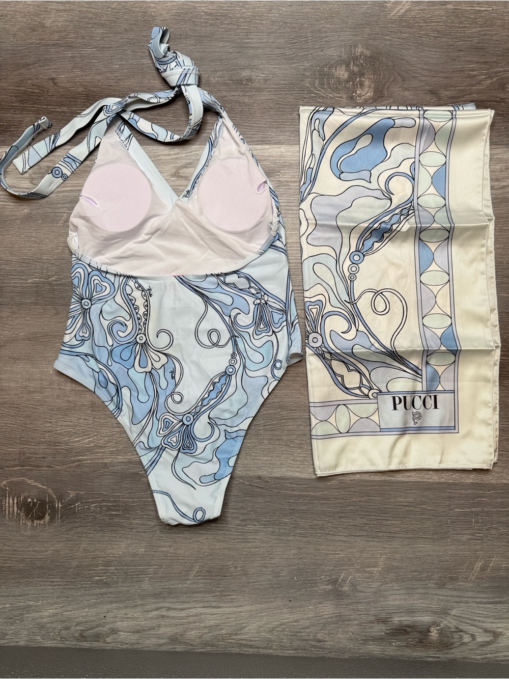 Pucci Blue & Cream Swirl One-Piece Swimsuit with Matching Scarf - Picture 2 of 2